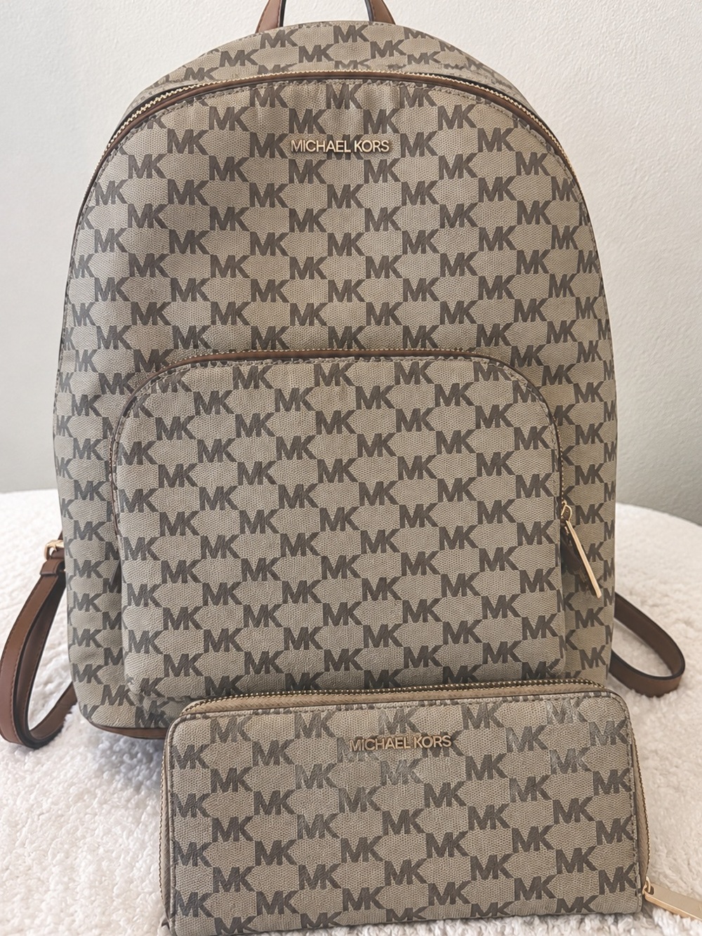 Michael Kors Beige Brown MK Logo Backpack with Matching Wallet